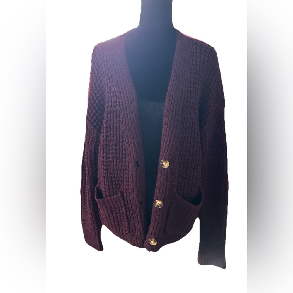 a.n.a Plum Waffle Knit Cardigan with Buttons
